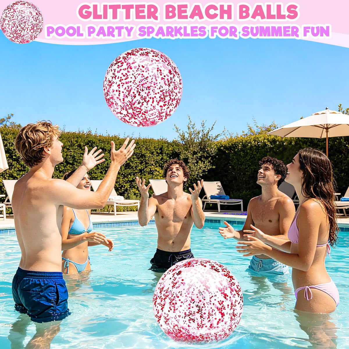 Twelve pack of Turnmeon inflatable beach balls displayed as colorful summer party favor decorations.