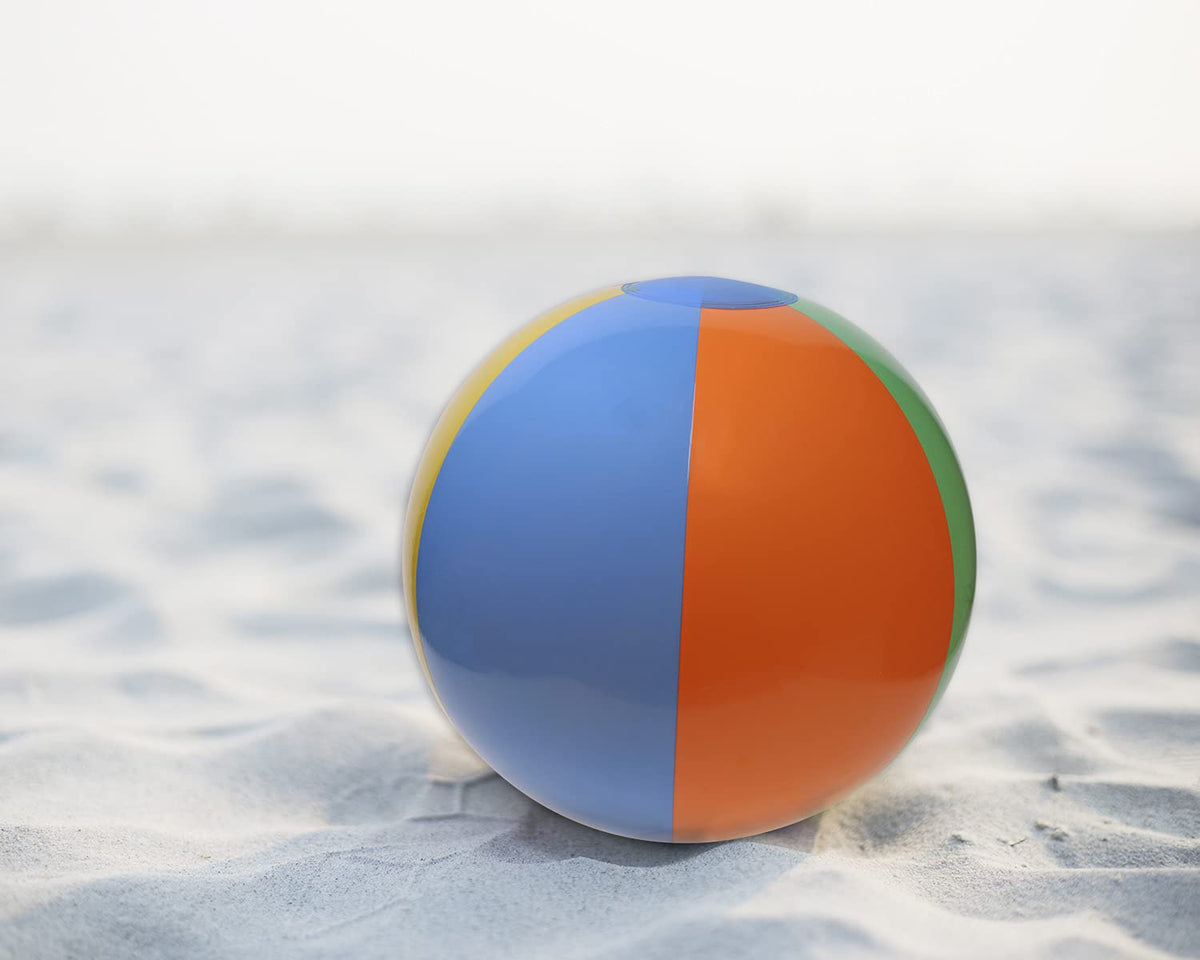 Two pieces of PENTA ANGEL rainbow beach balls arranged as summer party decorations.