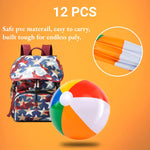 Bulk pack of twelve rainbow water toys inflated on a sandy beach setting.