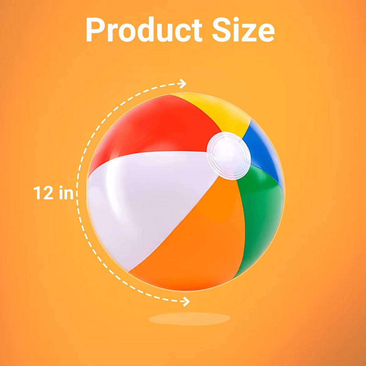 Close up view of the secure anti-leak valve on a colorful twelve inch beach ball.