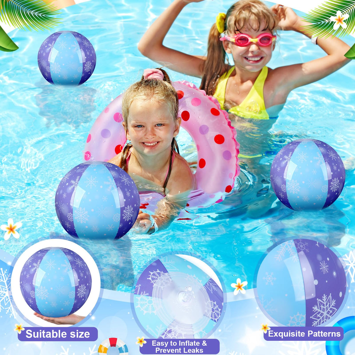 A close up view of the durable PVC material and child safe air valve on the Leyndo snowflake pool toy.
