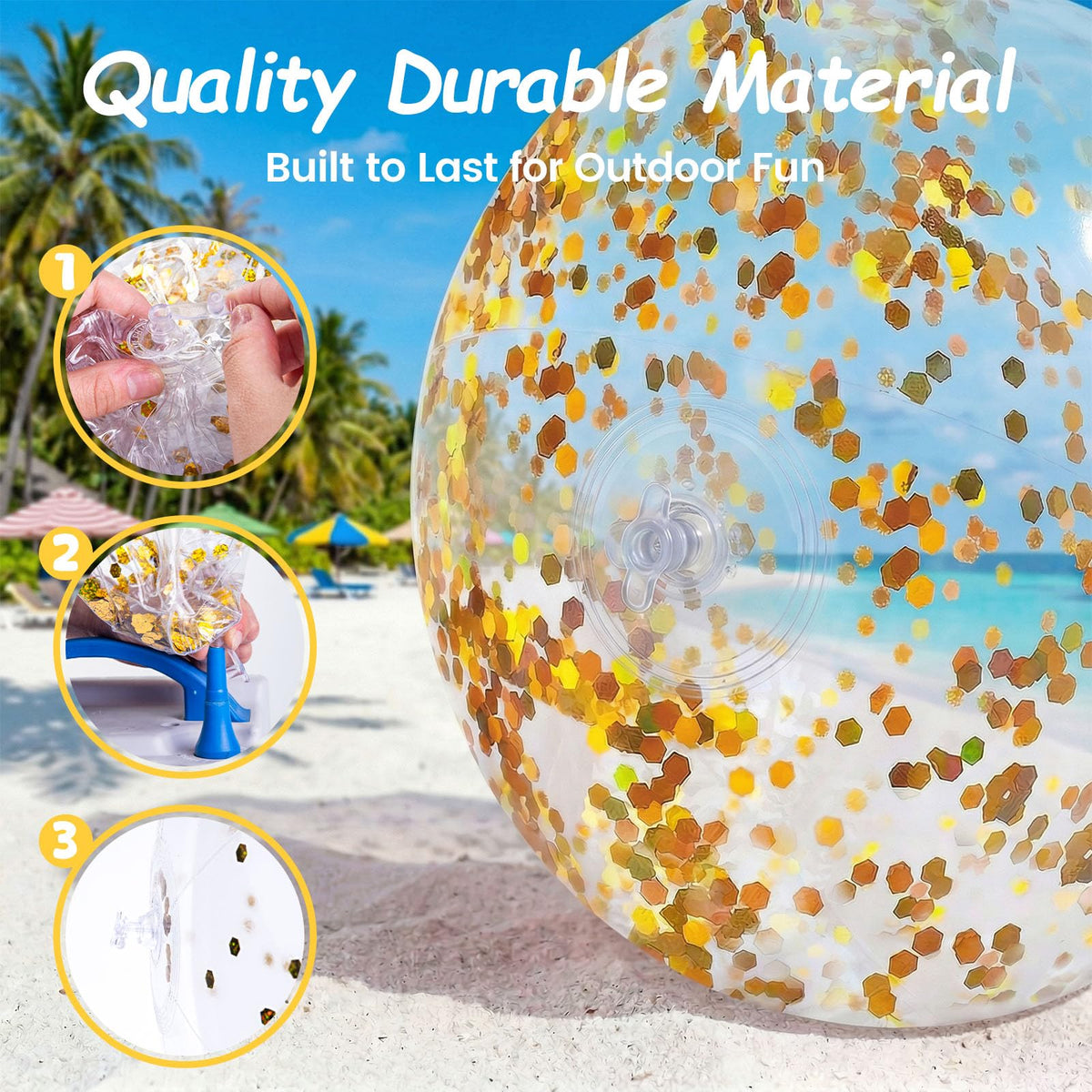 Close up view of the airtight safety inflation valve on the FuturePlusX gold confetti glitter beach ball.