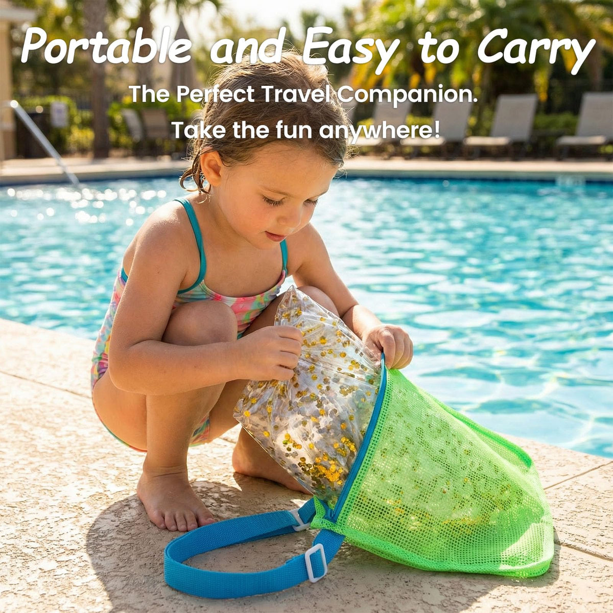 Shimmering gold glitter swirling inside the FuturePlusX clear inflatable beach ball during outdoor water activities.