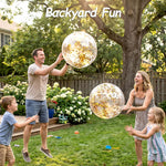 FuturePlusX confetti beach balls deflated and folded flat to demonstrate easy storage and travel portability.