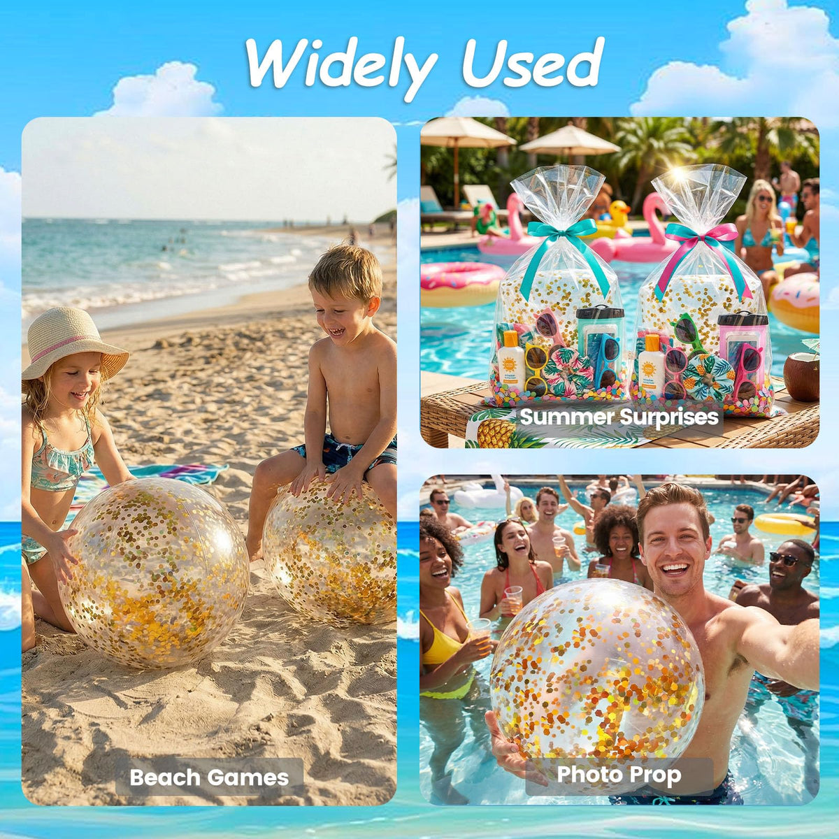 A festive summer birthday celebration background featuring FuturePlusX gold glitter beach balls as premium party decorations.