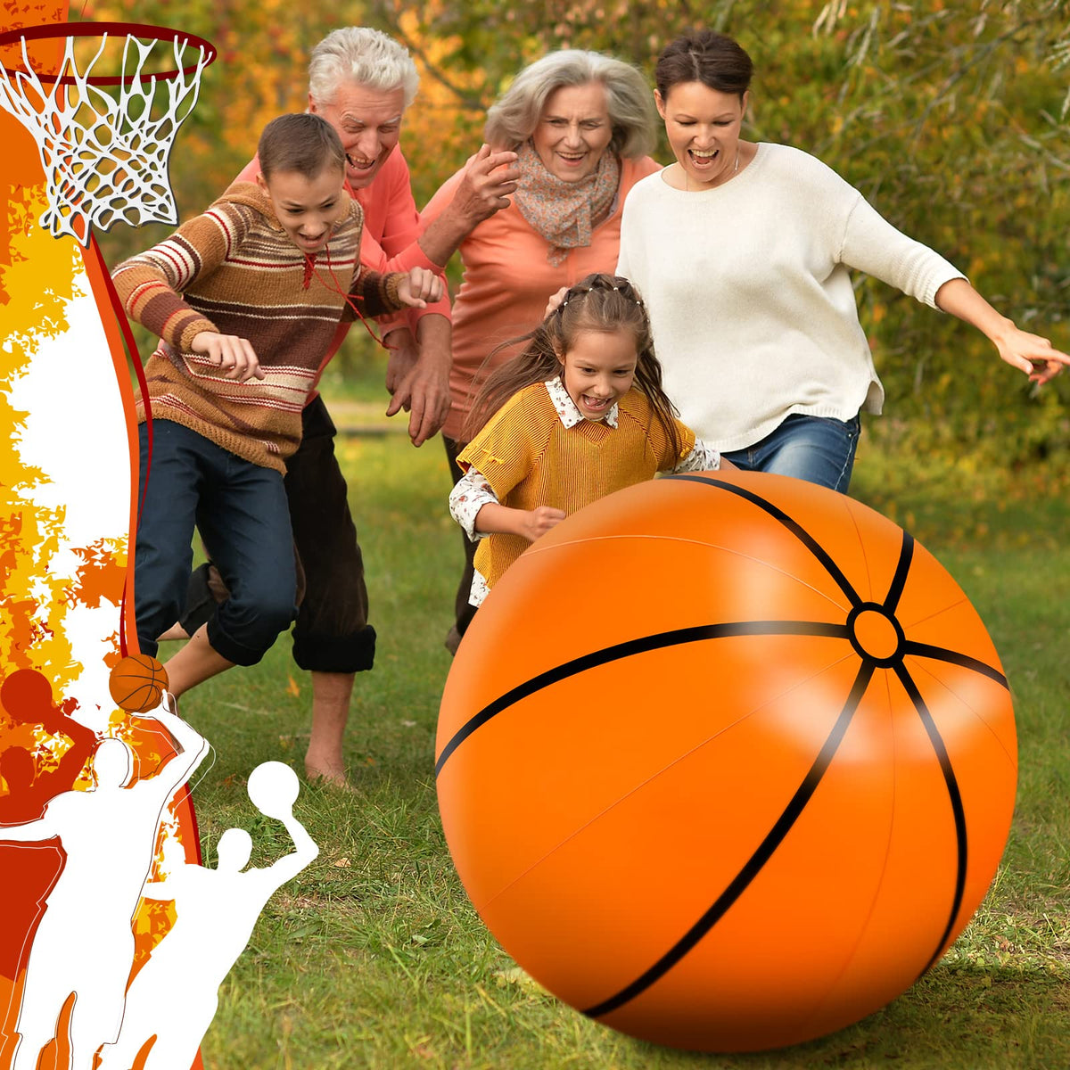 Meooeck giant inflatable sports balls being used for backyard family games.
