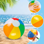 Group of children playing water games with twelve inch rainbow beach balls.
