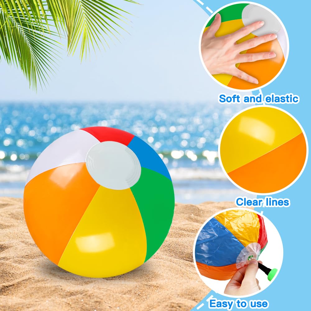 Group of children playing water games with twelve inch rainbow beach balls.
