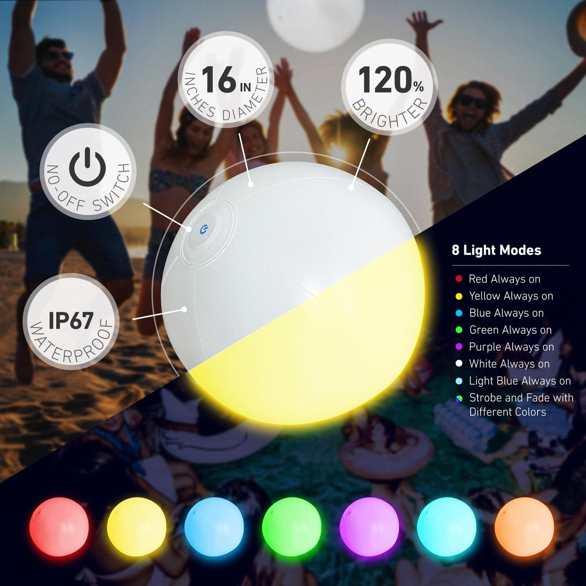 Sixteen inch inflatable glow ball floating on water showing vibrant LED color modes.