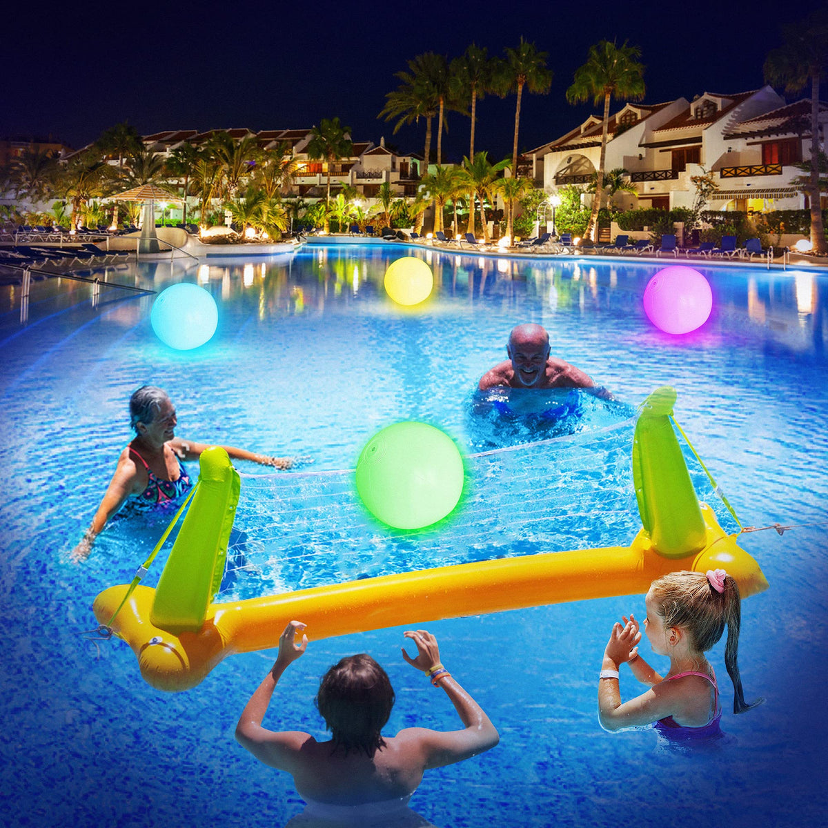 Waterproof LED pool toy close up demonstrating the one button light control module.