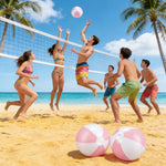 MiniInflat pastel pink beach balls arranged beautifully as modern hanging ceiling decorations for a themed party.