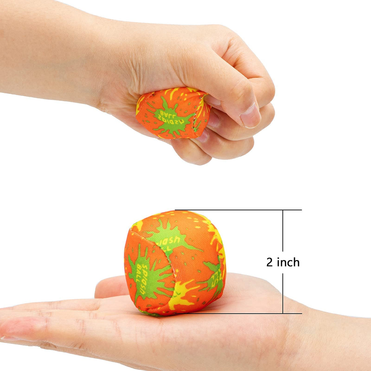Twelve count pack of reusable fabric water bomb balls floating in a blue swimming pool
