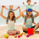 Soft sponge core water splash balls soaking up water in a colorful bucket
