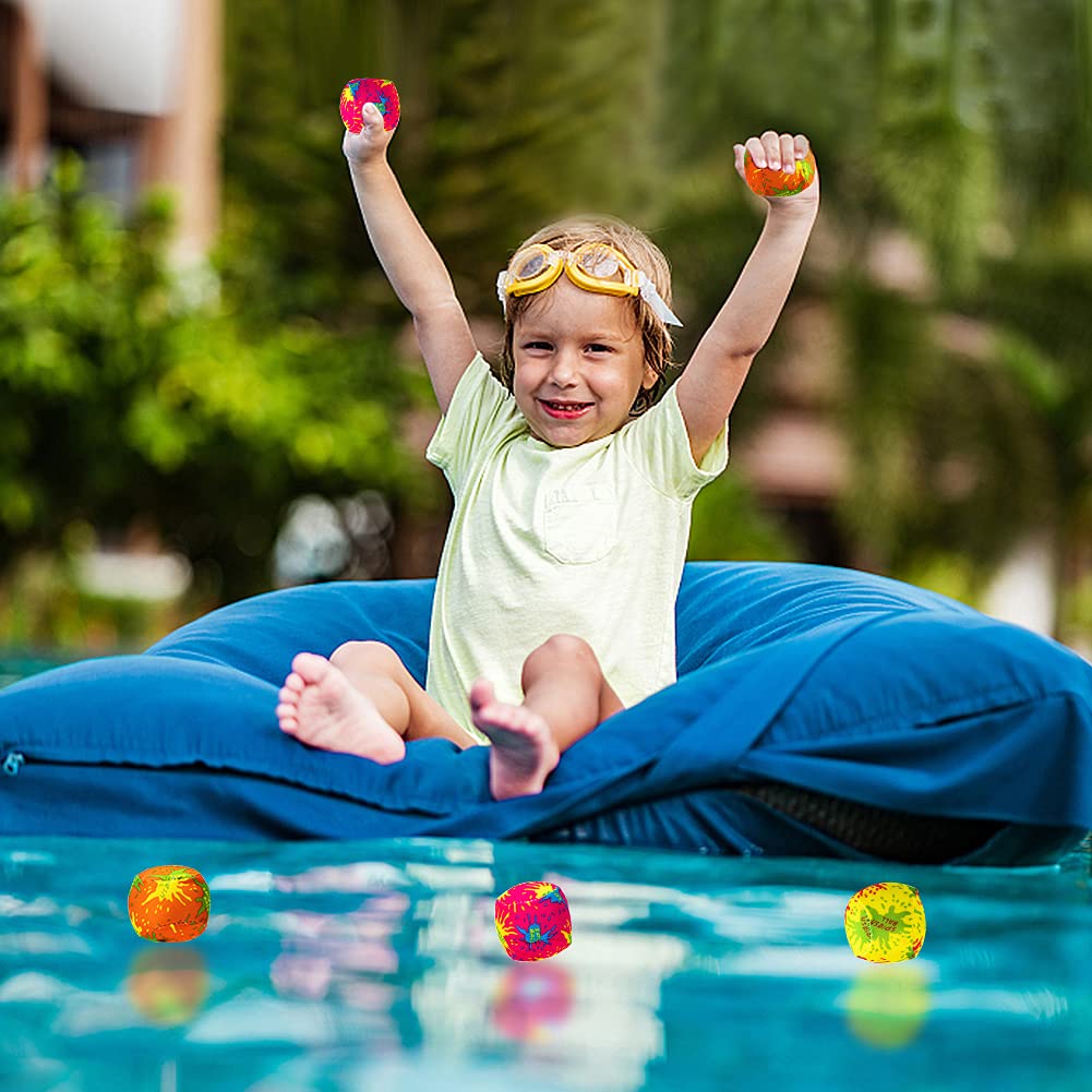 Assorted neon color fabric splash balls highlighting the mess free pool toy design