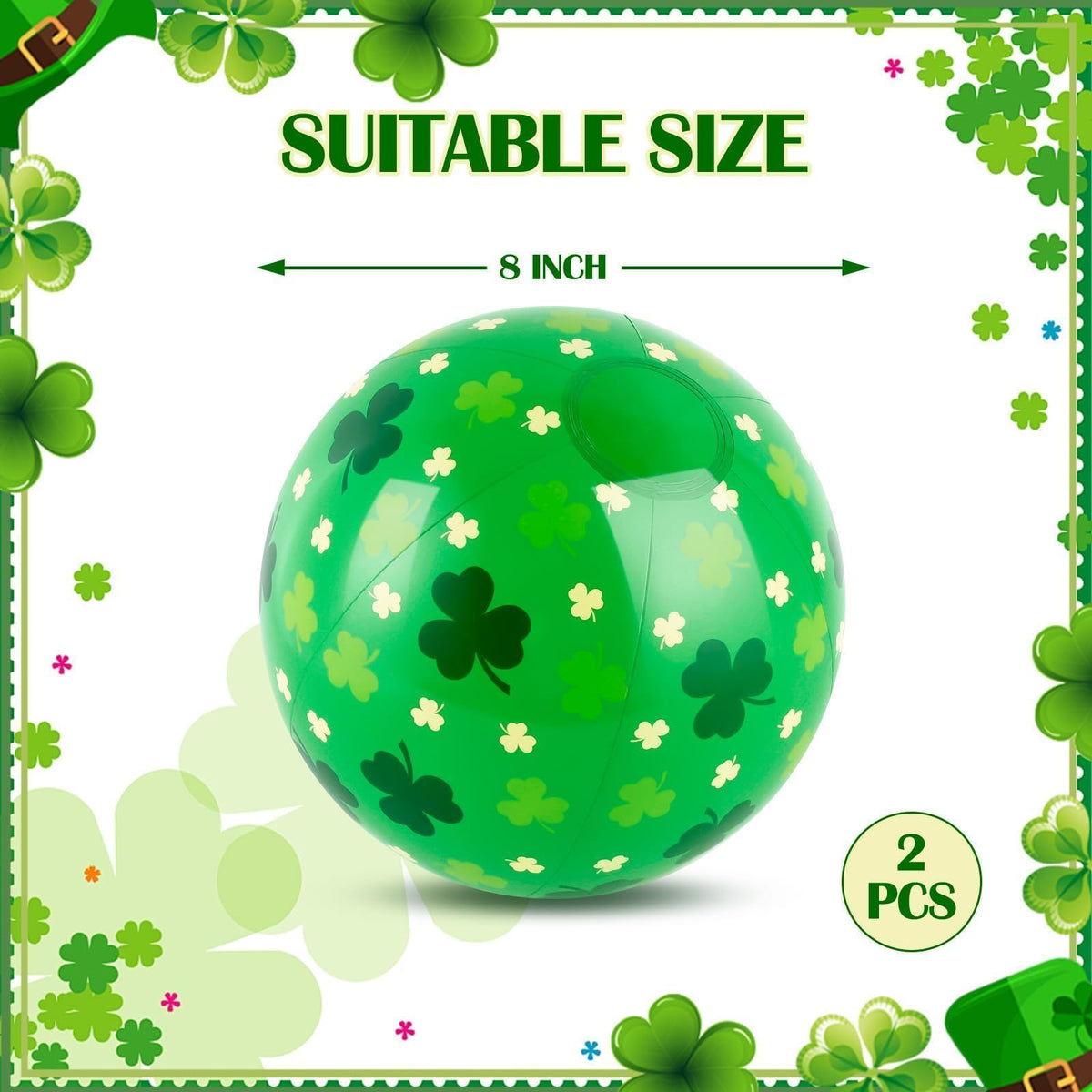 Two pieces of AXBMM green shamrock blow up pool toys inflated on outdoor grass lawn