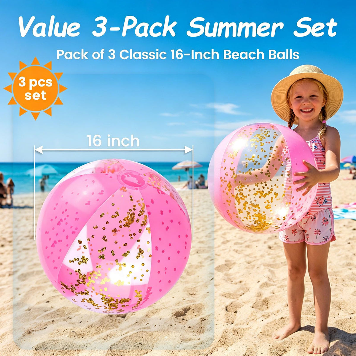 Three transparent pink and clear sixteen inch pool toys inflated on a sunny lawn.