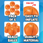 Six pack of 16 inch inflatable sports themed beach balls floating in a backyard swimming pool