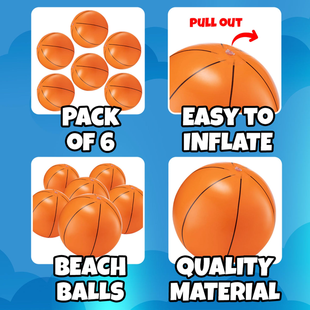 Six pack of 16 inch inflatable sports themed beach balls floating in a backyard swimming pool