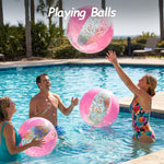 Amor Present sixteen inch glittering pool balls floating on water during a summer backyard party.