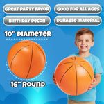 Children playing outdoor water games with lightweight orange and black blow up basketballs
