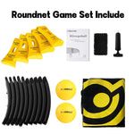 Blinngo Sport roundnet outdoor game kit shown fully assembled on a green backyard lawn with balls