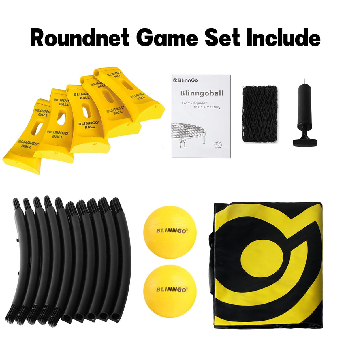 Blinngo Sport roundnet outdoor game kit shown fully assembled on a green backyard lawn with balls