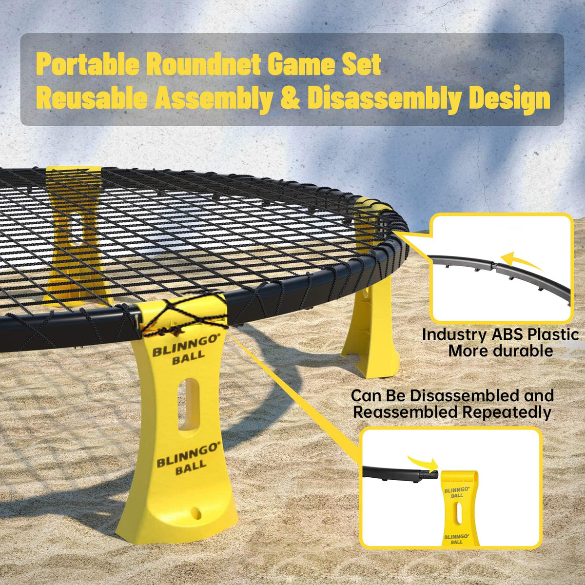 Close up view of the patented elastic mesh net attached securely to the frame hooks of the Blinngo lawn game