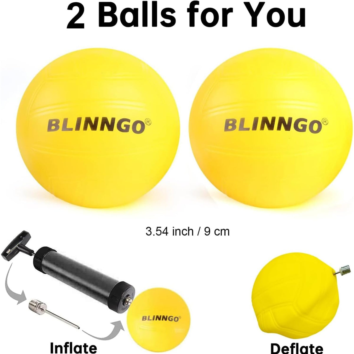 Two textured PVC roundnet balls and the air pump included in the Blinngo Sport beach game kit
