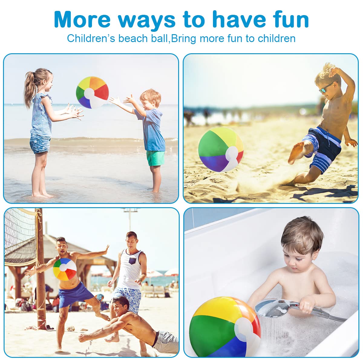 Group of three deflated flat sixteen inch beach toys highlighting the premium polyvinyl chloride material texture.