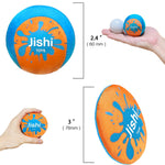High visibility orange and blue water bouncing balls floating on a clear swimming pool surface.