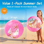 Toddler playing with a sixteen inch AMOR PRESENT pink glitter beach ball by an outdoor swimming pool.