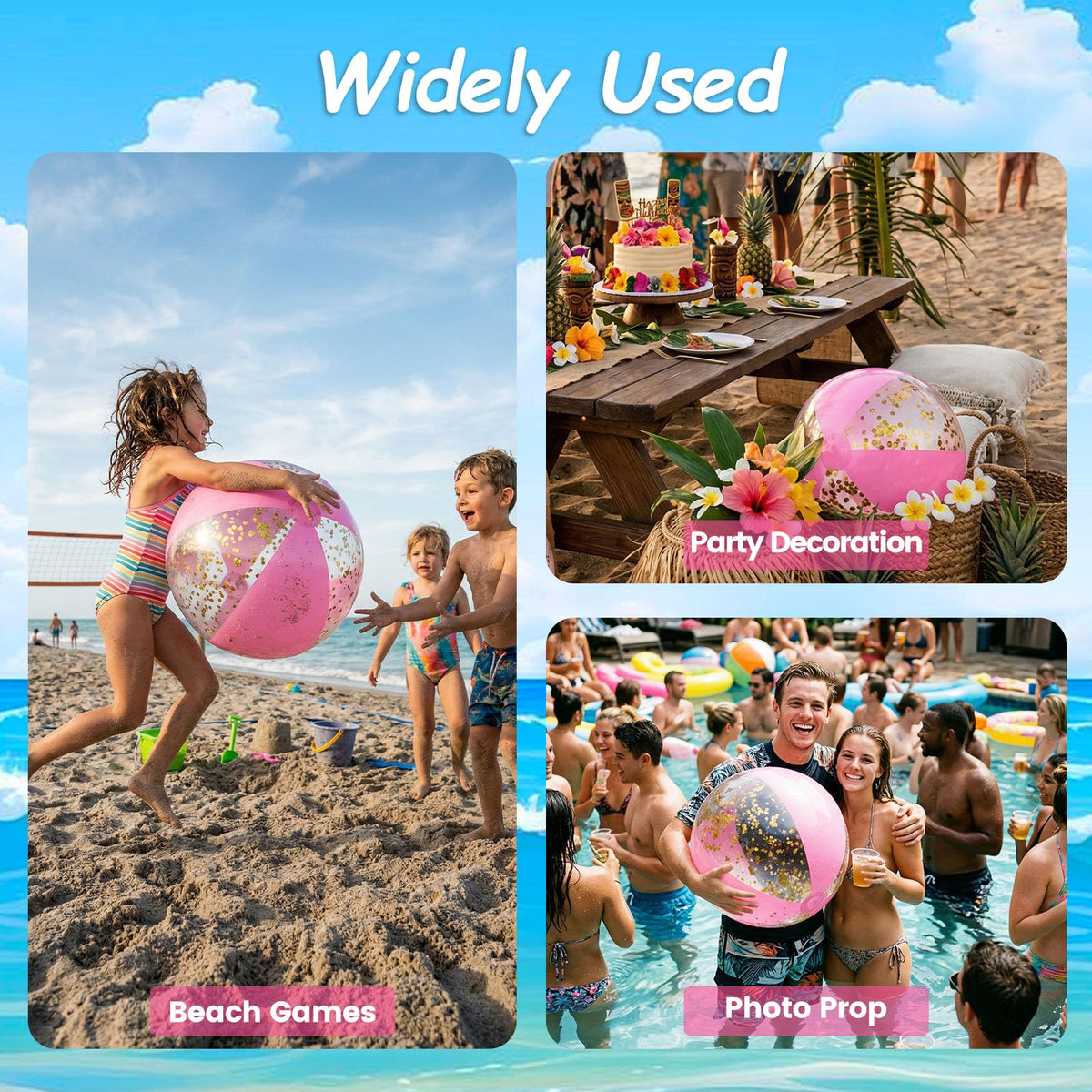 Aesthetic lifestyle shot of the AMOR PRESENT pink and gold glitter beach ball used as a social media photo prop.