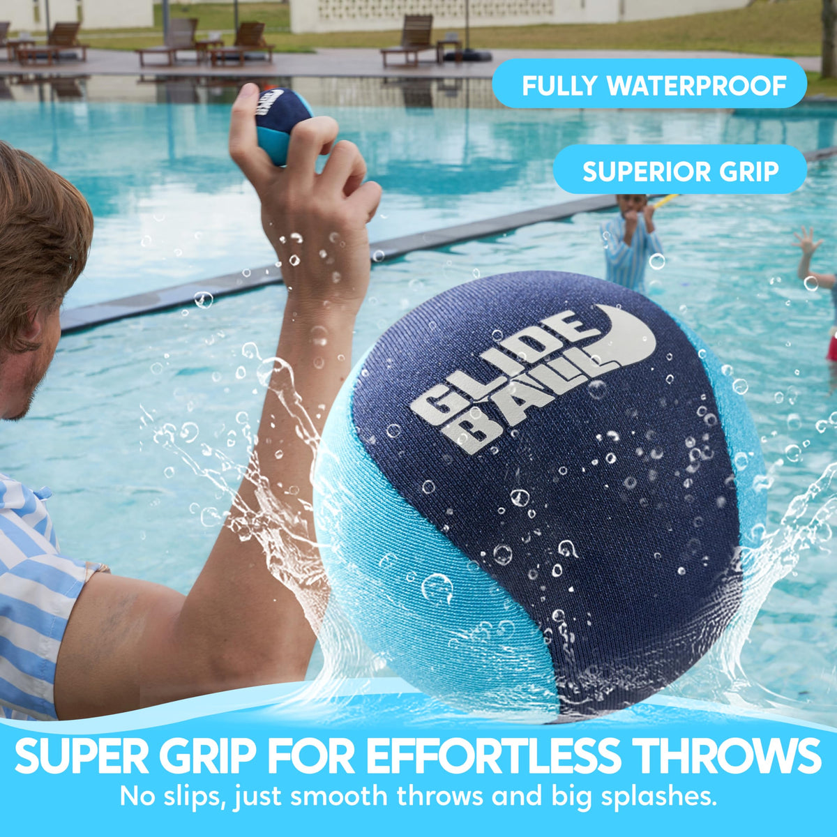 Two purple fabric covered water bouncing balls with reinforced stitching detail