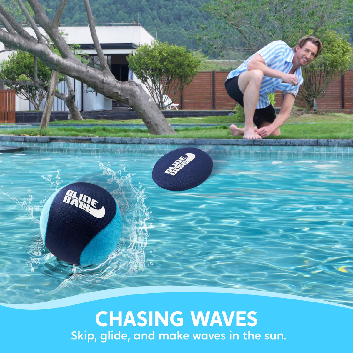Two purple aquatic glide discs designed for skipping across swimming pool surfaces