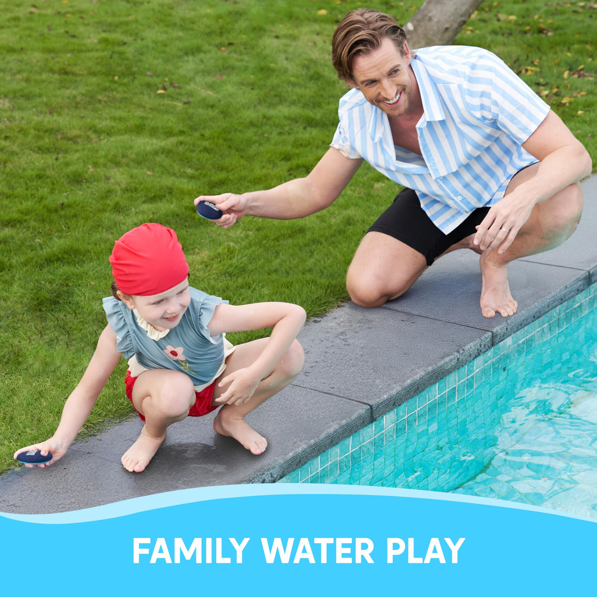 Compact black mesh storage bag filled with the four piece water toy set