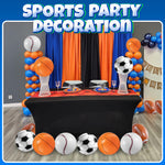 A collection of twelve individual Bedwina inflatable sports balls arranged as birthday party decorations