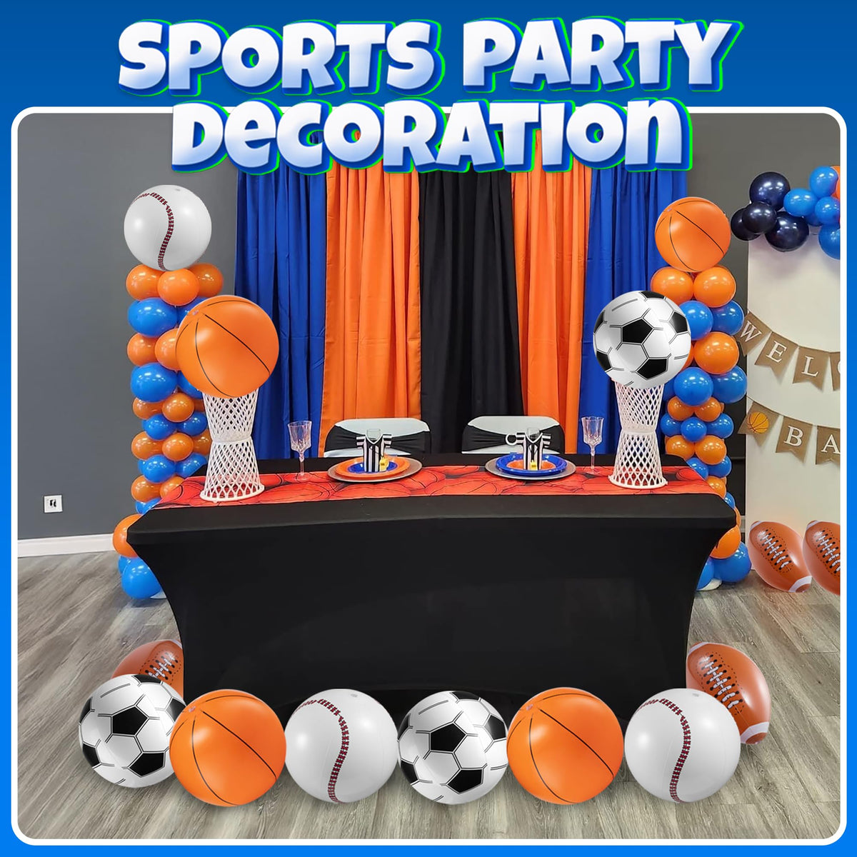 A collection of twelve individual Bedwina inflatable sports balls arranged as birthday party decorations