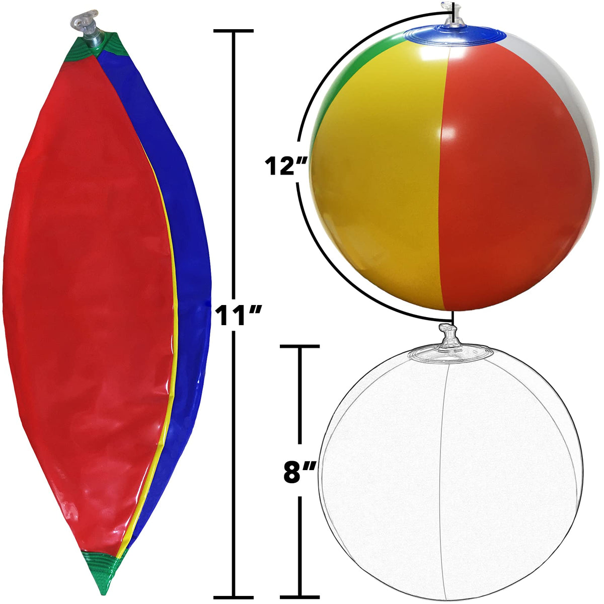 Bulk package of twelve deflated classic rainbow beachballs showcasing the durable polyvinyl chloride material.