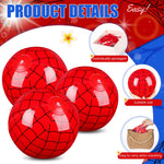 Twelve pack of inflated Hollowfly spider web beach balls grouped together for party decorations
