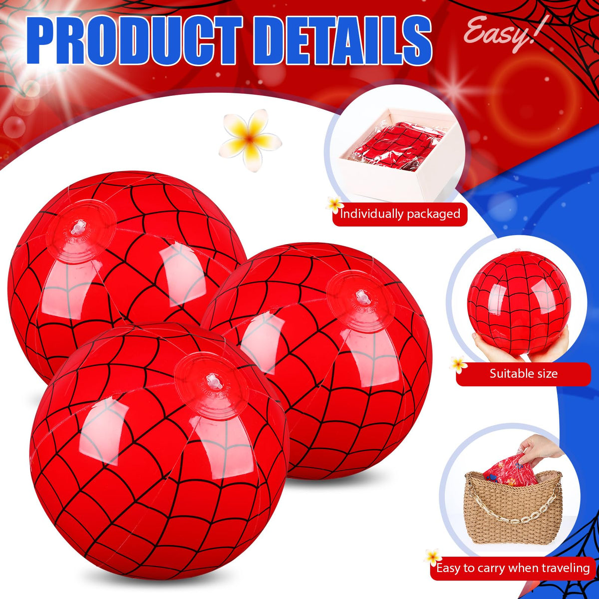 Twelve pack of inflated Hollowfly spider web beach balls grouped together for party decorations