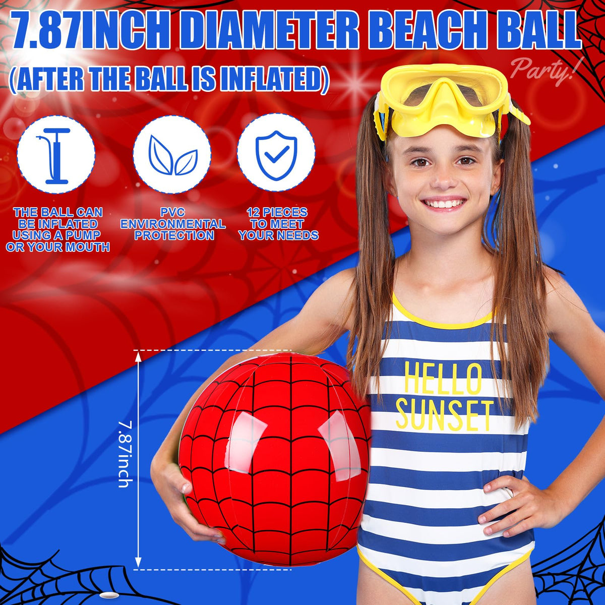 Close up view of the durable PVC material and black web pattern on the red beach ball