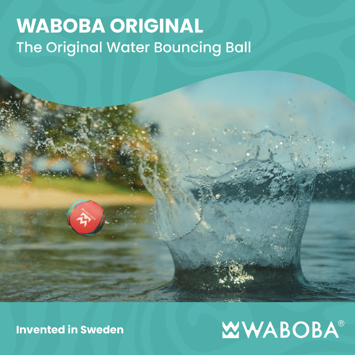 Waboba premium water skipping ball with abstract neon design resting on a poolside edge.