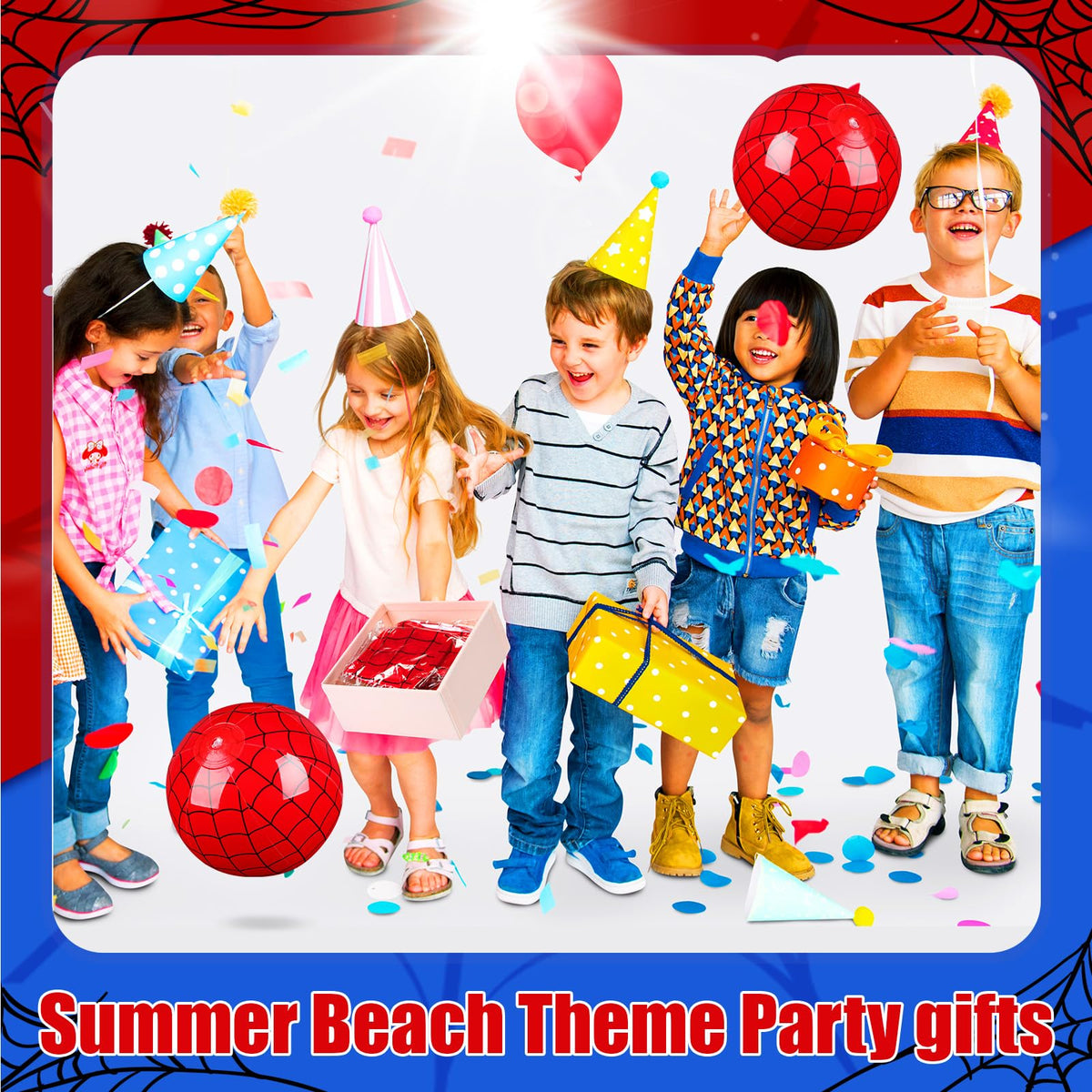 Children playing with the 7.87 inch red and blue spider web pool toys in a swimming pool