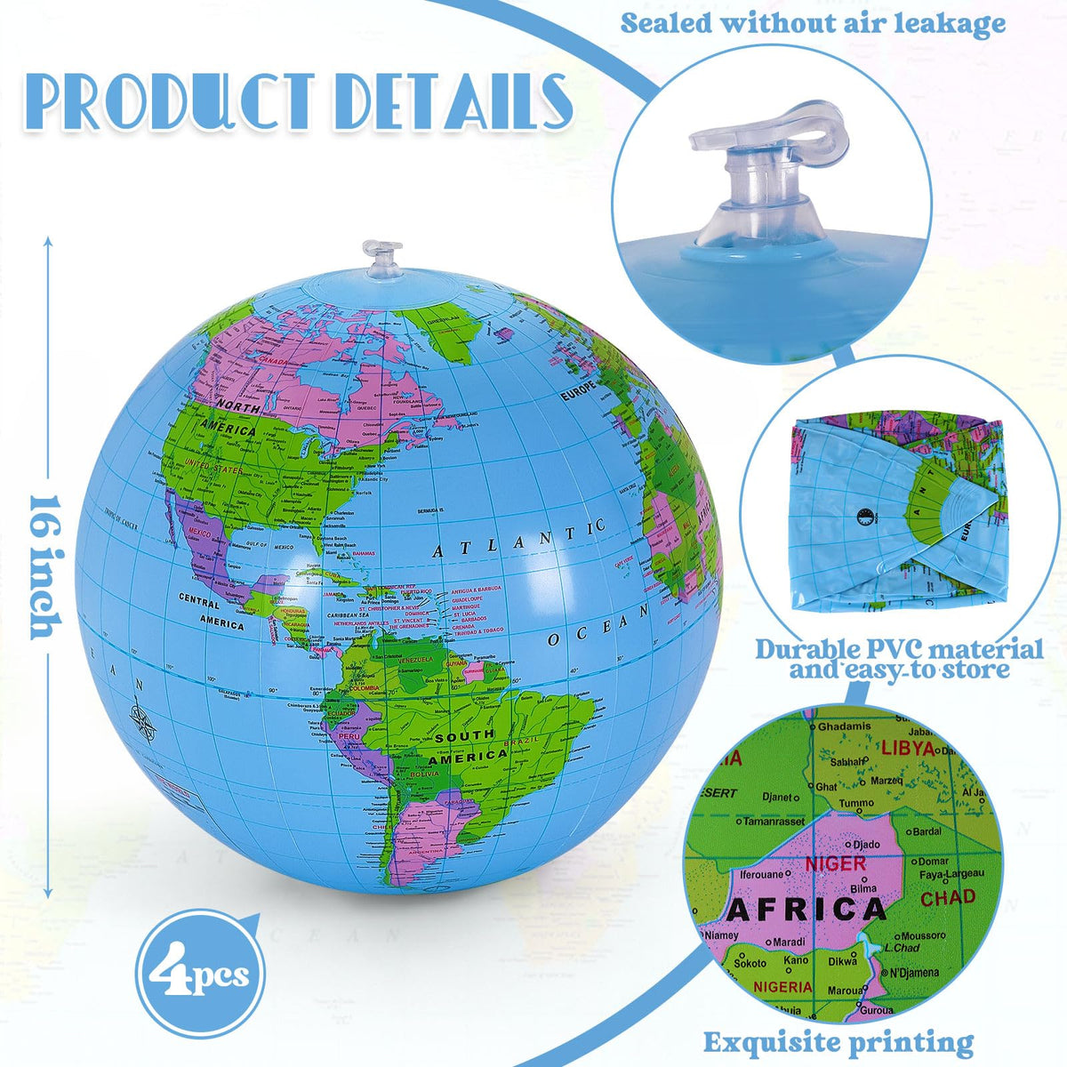 Four pack of sixteen inch blow up earth globes arranged together for school learning activities.