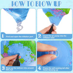 Deflated PVC earth ball folded flat next to an inflation valve showing compact storage capability.