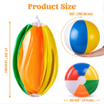 Compact deflated rainbow plastic beach ball folded neatly for convenient travel packing and vacation storage.