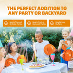 Group of children playing with multiple Bedwina sports themed beach balls in a backyard swimming pool.