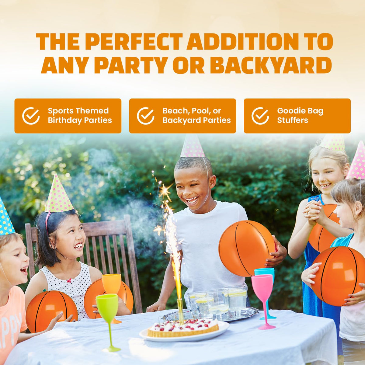 Group of children playing with multiple Bedwina sports themed beach balls in a backyard swimming pool.