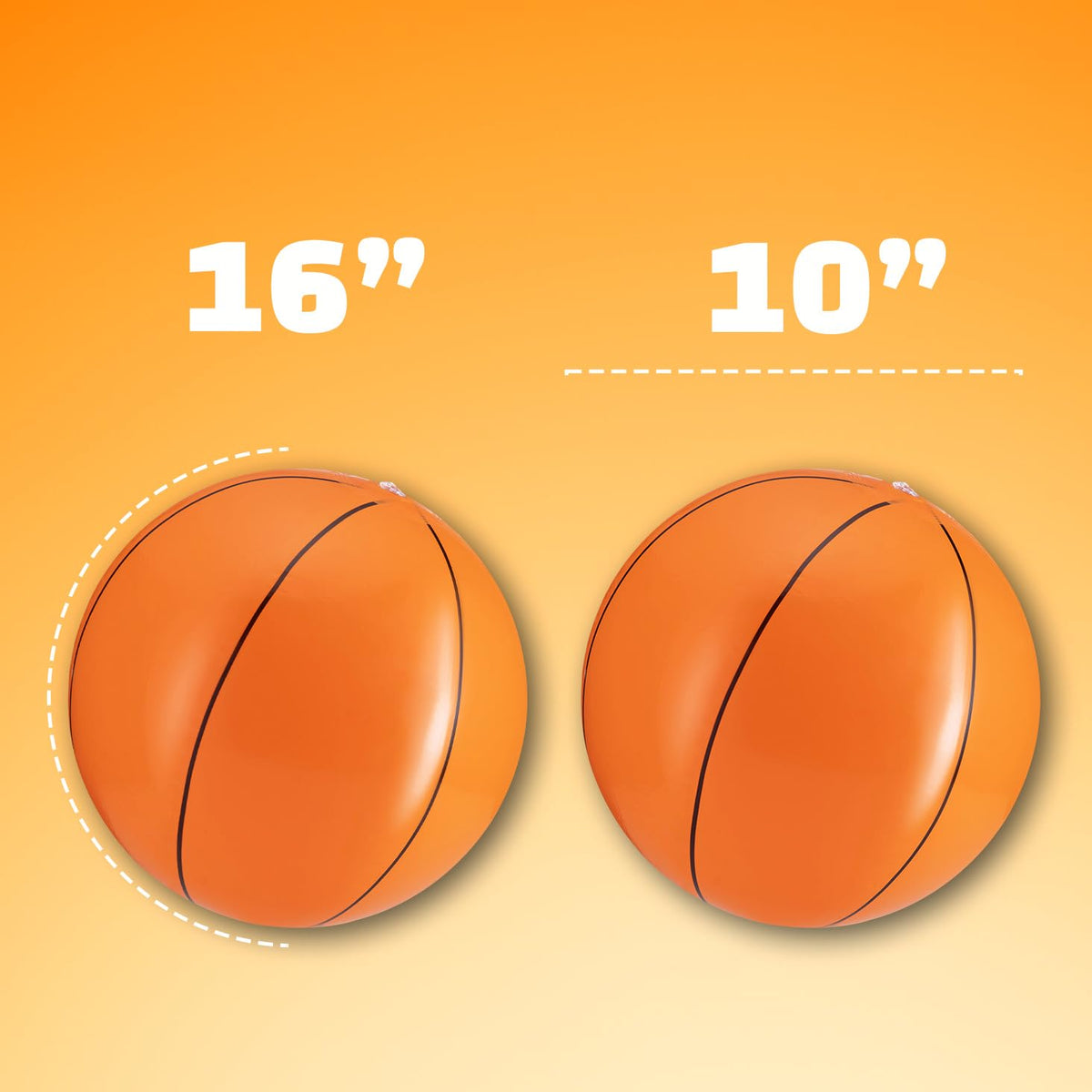 Side view comparison showing the ten inch diameter scale of the fully inflated basketball pool toy.