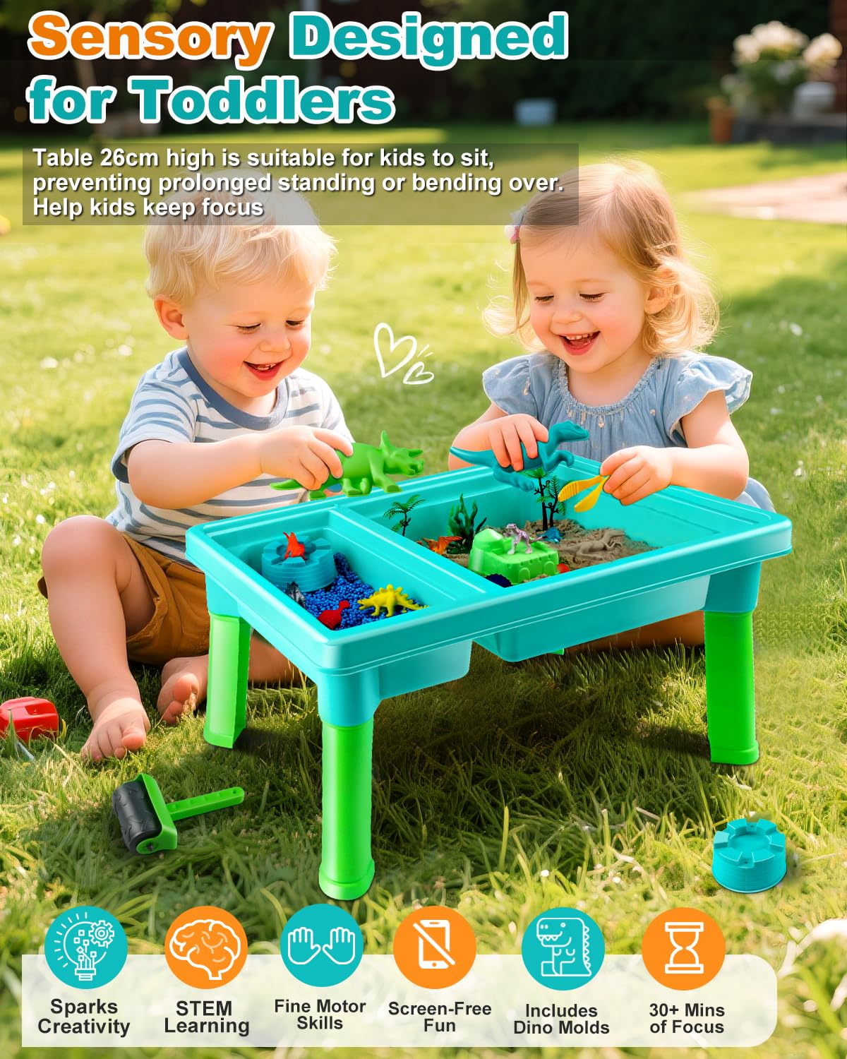 Uiopy sensory bin with lid open showing kinetic sand and tools